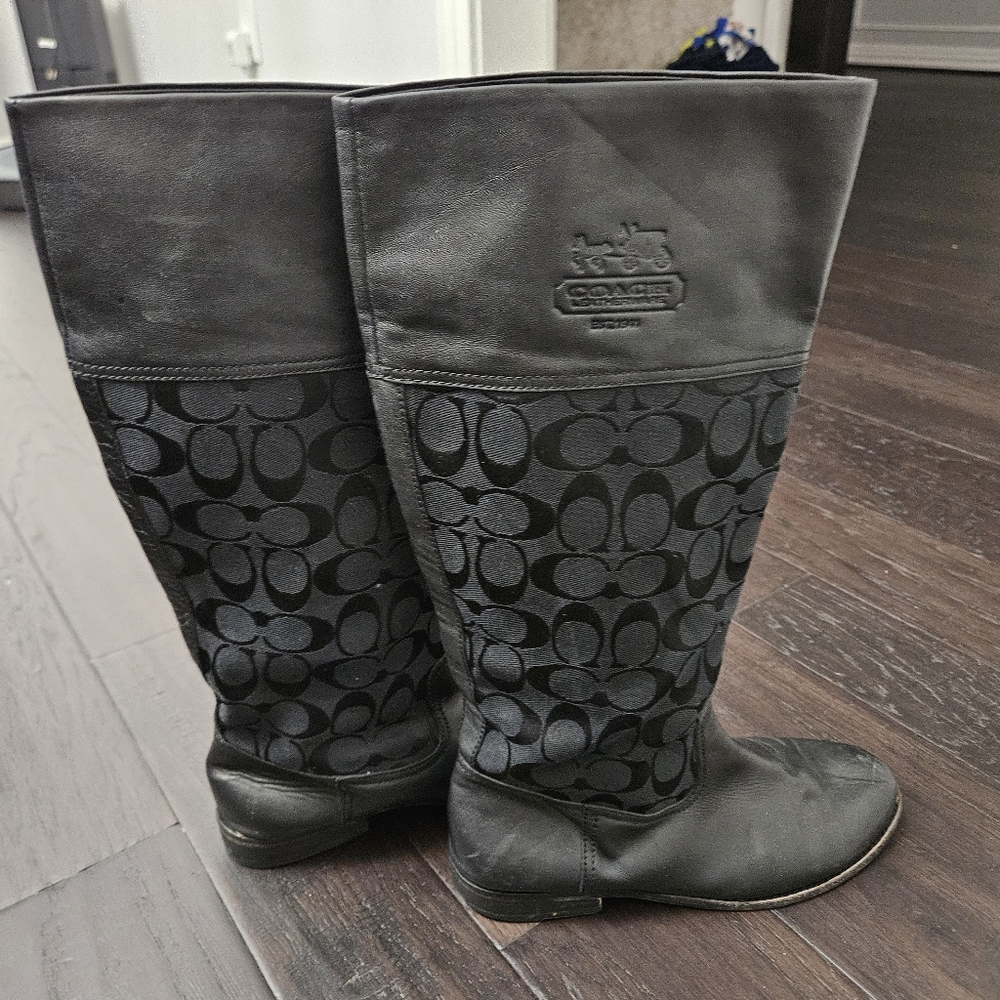 Coach Chrissi Signature black leather and fabric riding boots size 7.5 B - Picture 8 of 11